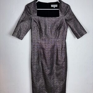 Teri‎ Jon Metallic Silver And Gold Square Neck Cocktail Dress S Knee Length